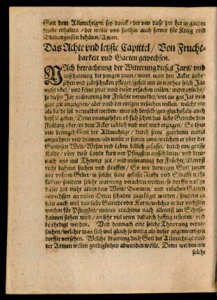 Das Achte und letzste Capittel/ Von Fruchtbarkeit und Garten gewechsen.