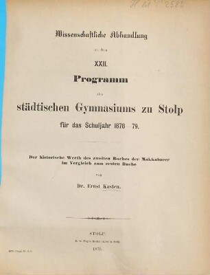 Der historische Werth des zweiten Buches der Makkabaeer im Vergleich zum ersten Buche