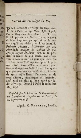 Extrait du Privilege du Roy.