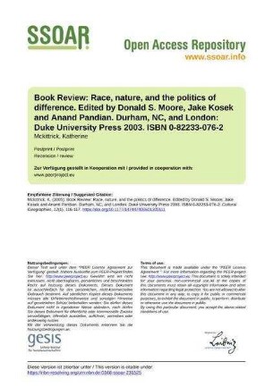 Book Review: Race, nature, and the politics of difference. Edited by Donald S. Moore, Jake Kosek and Anand Pandian. Durham, NC, and London: Duke University Press 2003. ISBN 0-82233-076-2