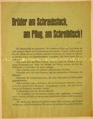 Programmatisches Flugblatt zur Proklamation der Räterepublik Baiern mit Solidaritätsaufruf an Soldaten und Arbeiter