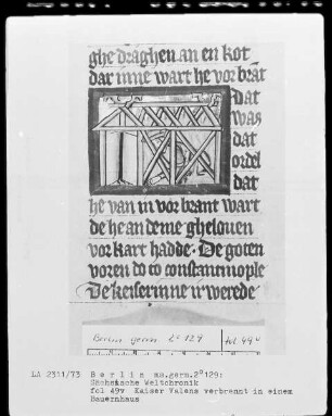 Sächsische Weltchronik (bis zum Jahre 1229) — Kaiser Valens verbrennt in einem Bauernhaus, Folio 49verso