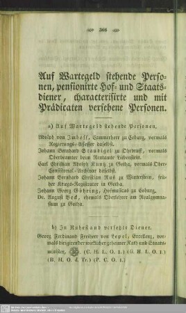 Auf Wartegeld stehende Personen, pensionirte Hof- und Staatsdiener, characterisirte und mit Prädicaten versehene Personen