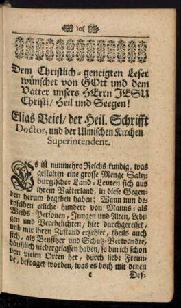 Dem Christlich-geneigten Leser wünschet von GOtt und dem Vatter unsers HErrn JESU Christi/ Heil und Seegen!