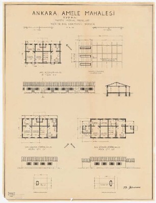Gesamtbebauungsplan Ankara Arbeitersiedlung: Lageplan 1:1000, Grundrisse, Schnitte und Ansichten 1:100, Typen Reihenhäuser, Amele Mahalesi (Arbeitersiedlung)