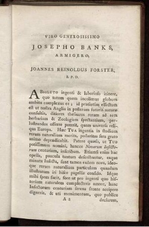 Viro Generosissimo Josepho Banks, Armigero,