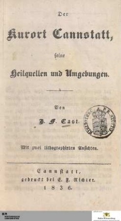Der Kurort Cannstatt, seine Heilquellen und Umgebungen