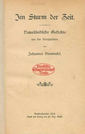 Im Sturm der Zeit : vaterländische Gedichte aus den Kriegsjahren