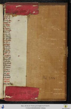 [Hinterer Spiegel] Fragment einer lateinischen Pergament-Hs. des 14. Jhs (grammatischer Text).