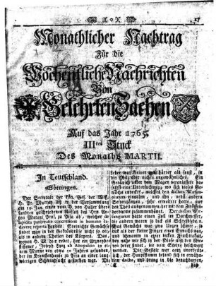 Monathliche Nachtrag [...] Auf das Jahr 1765 IIItes Stuck Des Monaths Martii