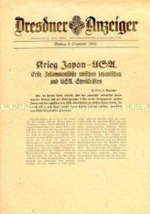 Nachrichtenblatt "Dresdner Anzeiger" zum Beginn des Krieges zwischen den USA und Japan