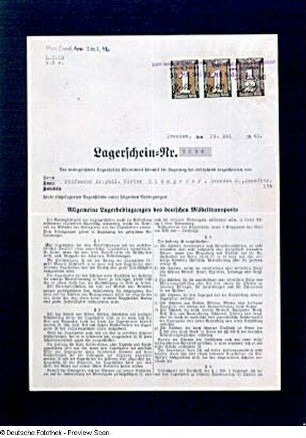 Lagerschein Nr. 3694 vom 24.05.1940 mit Verzeichnis der einzulagernden Gegenstände Victor Klemperers. Vorderseite