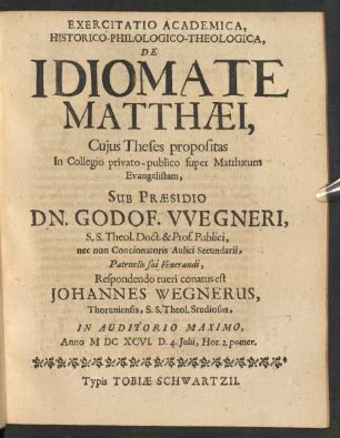 Exercitatio Academica, Historico-Philologico-Theologica, De Idiomate Matthaei