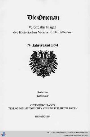 74. Jahresband: Die Ortenau: Zeitschrift des Historischen Vereins für Mittelbaden