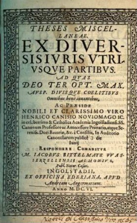 Theses Miscellaneae. Ex Diversis Ivris Vtrivsqve Partibvs
