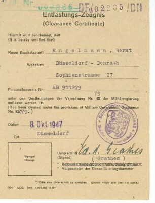 Entlastungszeugnis der Denazifizierungskammer für Bernt Engelmann