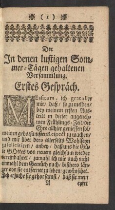 Der In denen lustigen Sommer-Tägen gehaltenen Versammlung. Erstes Gespräch.
