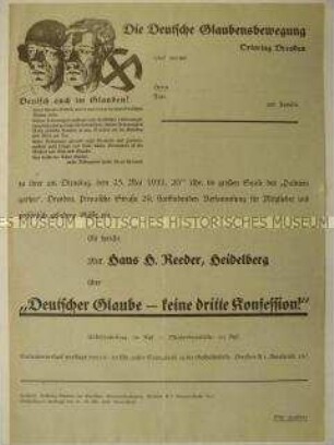 Propagandaflugblatt der Deutschen Glaubensbewegung mit dem Aufruf zu einer Versammlung