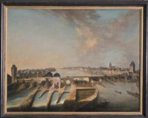 Die Mainbrücke mit dem Gerüst für die Wiederherstellung des Kreuzbogens