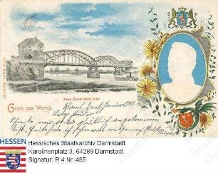 Worms am Rhein, Eisenbahnbrücke und Porträt Großherzog Ernst Ludwigs v. Hessen und bei Rhein (1868-1937), Brustbild in Medaillon (Prägedruck) sowie hessisches Wappen