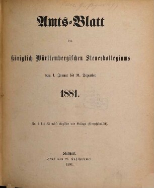 Amtsblatt des Württembergischen Steuerkollegiums. 1881
