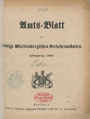 1880: Amtsblatt der Württembergischen Verkehrsanstalten