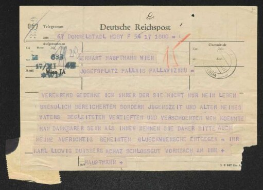 Brief von Carl-Ludwig Duisberg an Gerhart Hauptmann