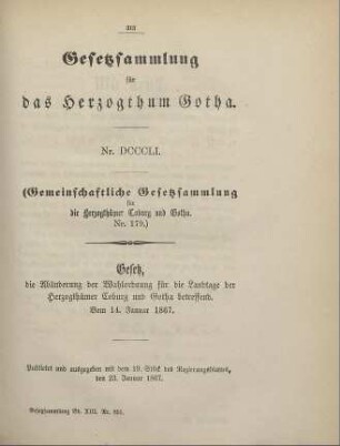 851. Gesetz, die Abänderung der Wahlordnung für die Landtage der Herzogthümer Coburg und Gotha betreffend; vom 14. Januar 1867