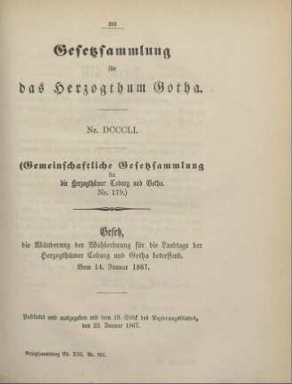 851. Gesetz, die Abänderung der Wahlordnung für die Landtage der Herzogthümer Coburg und Gotha betreffend; vom 14. Januar 1867