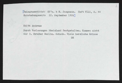 Brief von Gerhart Hauptmann an Edith Andreae