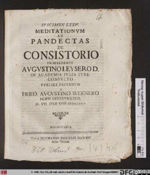 Specimen LXXV. Meditationvm Ad De Consistorio