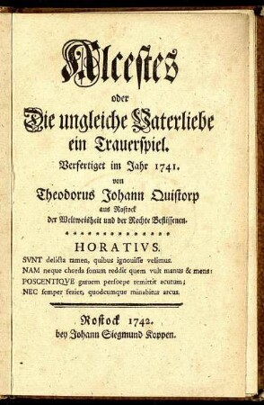 Alcestes oder Die ungleiche Vaterliebe : ein Trauerspiel