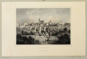 Stadtansicht von Bautzen in Ostsachsen, Ansicht von Süden mit Eisenbahnbrücke, aus Rohbocks und Koehlers Königreich Sachsen, Thüringen und Anhalt