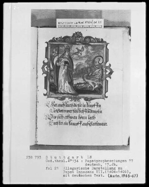 Flugschrift mit Illustrationen aus den Papstprophezeiungen mit antipäpstlichen Spottversen — Allegorische Darstellung zu Papst Innozenz 7. (1404-1406), Folio 21recto