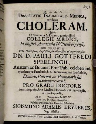 Dissertatio Inauguralis Medica, exhibens Choleram