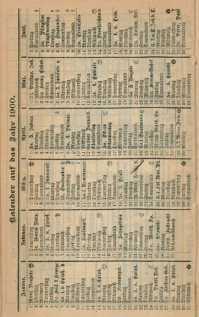 Kalender auf das Jahr 1900
