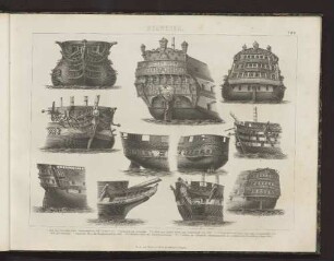 Taf. 6. 1 Heck des Invincible, franz. Linienschiff von 1747 (74 Kanonen). 2 Vordertheil des Invincible. 3 und 4 Heck und Gallion eines engl. Linienschiffs von 1758. ...