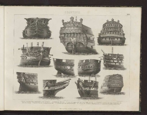 Taf. 6. 1 Heck des Invincible, franz. Linienschiff von 1747 (74 Kanonen). 2 Vordertheil des Invincible. 3 und 4 Heck und Gallion eines engl. Linienschiffs von 1758. ...