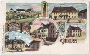 Mochau-Choren. Ortsansichten, kolorierte Ansichtskarte