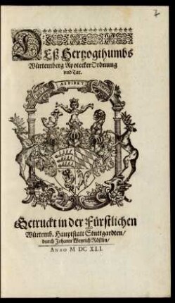 Deß Hertzogthumbs Würtemberg ApoteckerOrdnung und Tax