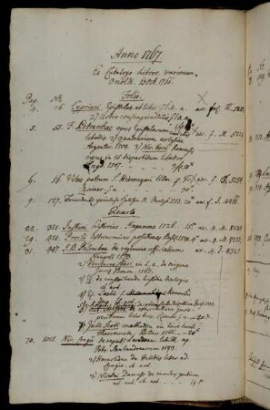 Ex Catalogo Libror. variorum. Onoldi. 13 Oct. 1766. - Von dem Hhn. Verwalter Böse der Bibliothek geschenkt. - Von Hannover geschickt.