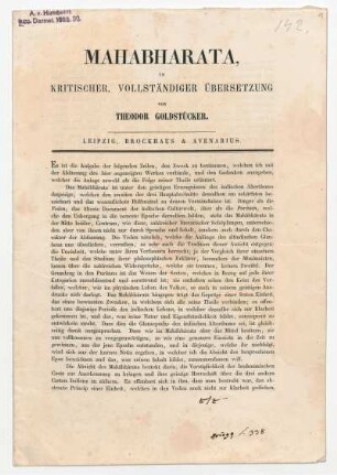 Publikationsankündigung "Mahabharata in kritischer und vollständiger Übersetzung"