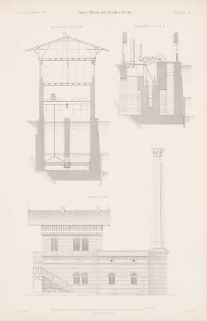 Pumpstation am Bahnhof, Görlitz: Seitenansicht, Schnitt GH, Schnitt JK (aus: Atlas zur Zeitschrift für Bauwesen, hrsg. v. G. Erbkam, Jg. 20, 1870)