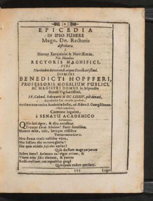 Epicedia In Ipso Funere Magn. Dn. Rectoris distributa.