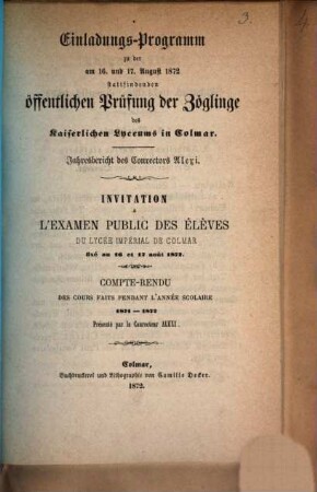 Programm des Lyceums in Colmar : für das Schuljahr ..., 1871/72