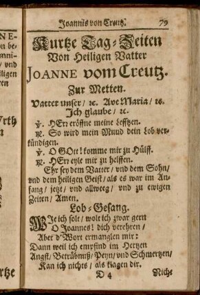 Kurtze Tag-Zeiten Von Heiligen Vatter Joanne vom Creutz.