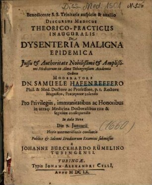 Discursus Medicus Theorico-Practicus Inauguralis De Dysenteria Maligna Epidemica