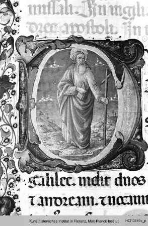 Missale Romanum : Buchseite mit Text und historisierter Initiale D: Apostel Andreas