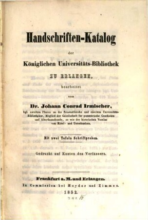Handschriften-Katalog der Königlichen Universitäts-Bibliothek zu Erlangen