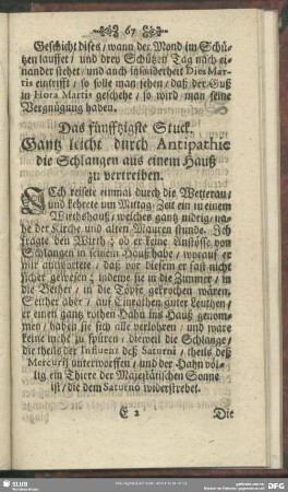 Das fünfftzigste Stuck. Gantz leicht durch Antipathie die Schlangen aus einem Hauß zu vertreiben